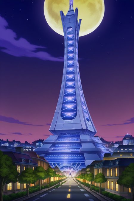 anime, animification, anime screencap, anime coloring, vivid colors, depth of field, high quality, highres, lumiose city, outdoors, ((sky)), cloud, tree, no humans, night, moon, building, prism tower, star, night sky, scenery, full moon, starry sky, city, road, cityscape, tower, city lights
 <lora:Lumiose_city-10:1>