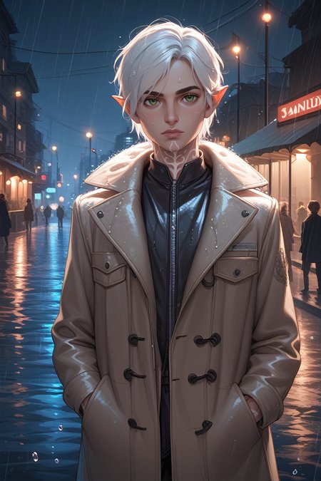 score_9, score_8_up, score_7_up,
<lora:DA2Fenris:0.8>
DA2Fenris, 1boy, white hair, green eyes, white tattoo, pointy ears, looking at viewer, standing in a rain-soaked street at night, wearing a trench coat, water droplets glistening, moody and cinematic, city lights reflecting in puddles