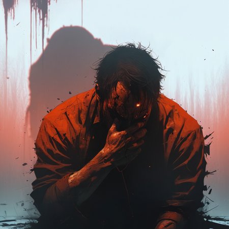alone in the darkness, broken, kneeling and looking down, full body, no face, (psychopathic:0.8) , brutal composition, gloomy, intense dark tones, leaving an indelible and haunting impression on psyche, very intricate, in the style of Russ Mills and Milo Manara. (vibrant masterpiece, (8k1.5), UHD, very detailed, high-quality, best artist, sharp edges, detailed textures, full view, atmospheric lighting, stunning visuals)