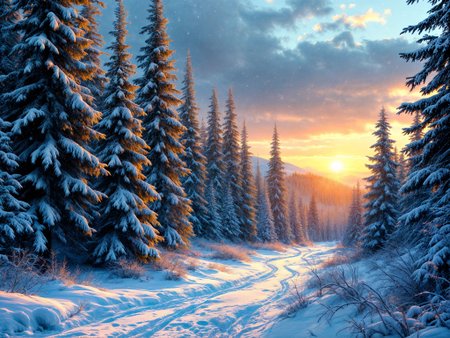A realistic scene of a serene and charming winter forest. The forest is filled with tall, snow-covered evergreen trees, the branches of which are covered with fresh snow. A light snowfall creates a peaceful atmosphere. The stage is illuminated by the red rays of the almost set sun, casting long shadows and creating a serene atmosphere.