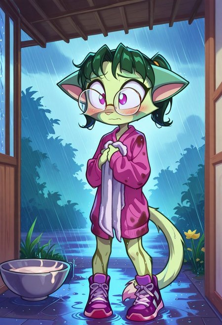 Dreamkeepers,1girl,prelude_lilith,solo,furry,tail,green hair, source_furry,glasses,magenta eyes,
child, kid, 
crouches under a porch awning in the rain, cradling a tiny, shivering kitten wrapped in her cardigan. Her hair is soaked, and her oversized glasses slide down her nose, revealing worried eyes. A half-empty bowl of milk sits nearby, and her muddy sneakers betray her hurried rescue mission. She bites her lip nervously, unsure if the kitten approves of her makeshift towel blanket, kitten, rain, cardigan, wet_hair, blush, worried_expression, porch, mud, sneakers, bowl, towel, oversized_clothing, protective_pose, innocent_face, cloudy_sky, water_droplets