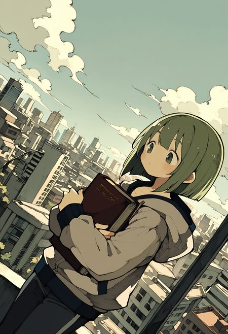 1girl,   green hair,  short hair,         freakles, 
BREAK dutch angle,  1girl, holding book, hugging object,         
BREAK                   Hoodie, Long Sleeves, Pants,  modern city, skyscaper roof, blue sky,      
BREAK general, (senmu \(0107\):0.9), (inaka keikou:0.55), (maniani:1.15), masterpiece, best quality, absurdres, highres, newest, <lora:ponyv6_noobV1_2_adamW:0.7>, <lora:VICE_v1.0:0.4>