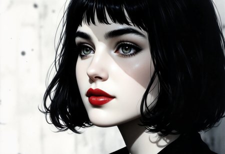 chiascuro art: A side close-up illustration of a beautiful 18 year old woman with pale skin. She has short black hair and bangs, a soft, delicate smile, and bright red lips that contrast with her monochrome, textured face. Against a blurred white background with black dots, her expression is both mysterious and warm, capturing an intriguing mix of fragility and resilience.  Scene with low light, only a few rays that filter directly into the woman's face


Chiaroscuro Lighting StyleCovered in shadows