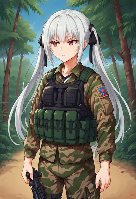 1girl, solo, chloepnsher,  white hair, long hair, twintails, hair ribbon, red eyes, military combat uniform, camouflage jacket, camouflage, load bearing best, camouflage pants, soldier, bulletproof vest,  assault rifle, rifle, serious, outdoors, jungle, cowboy shot, parted lips, serious, walking,