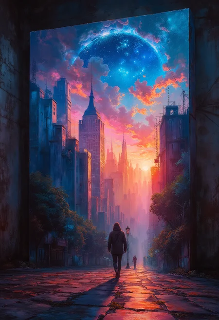 A person walks into a large beautiful landscape painting on a canvas leaning against a wall in a dark and desolate city, vibrant glow