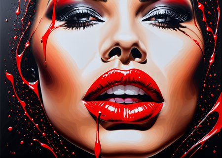 (acrylic painting:1.1), ((Lips with lipstick of flowing red color)), Color drips from the lips, flowing, dripping, tempting shot, light skin, black background, highly detailed, glamour, (only uses 256 different shades in total), (brush strokes:0.6), high contrast, (paint drips:0.5), stark, (dripping paint0.5), (splatters:0.5), (dramatic:0.4), (photorealistic:0.2), extreme closeup of the lips,
 <lora:MS_AcrylicArt_V1_SDXL:0.8> acrylic_painting, painting, brush strokes, paint drops, paint splatter