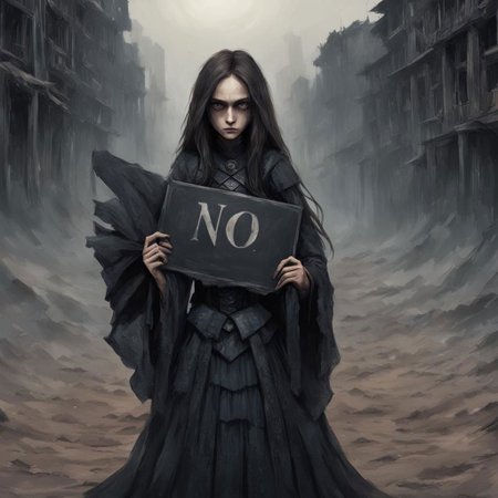 (((Ultra detailed, Megapixel)))
1girl, (((holding out a sign with text "NO"))), by charlie bowater and dan mumford and trevor Brown, hands, terror, gloomy, dark, blank face, no face, wasteland background, no mouth, no eyes, long hair