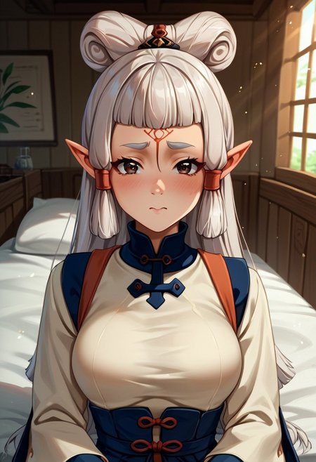 score_9, score_8_up, score_7_up, score_6_up, score_5_up, score_4_up, source_anime, , (best quality) , (highly detailed) , (best quality) , (highly detailed) ,((masterpiece)), ((best quality)), (ultra-detailed), ((extremely detailed)), (high resolution), 4K, (8K), best quality, (beautiful), (dynamic lighting), (super detailed skin), sharp focus, (1_girl, solo focus), masterpiece ,absurdres ,detailed face ,beautiful face , bowpaya, paya, elf ears, pointy ears, White hair,  pointy ears, brown eyes, forehead mark
 light rays, (light particles), 
chinese clothes, turtleneck, long sleeves, wide sleeves,, indoors, sitting, bed, bed room, blush, drunk, looking at viewer, solo, cowboy shot, dutch angle
 (portrait, upper body), OverallDetail,
