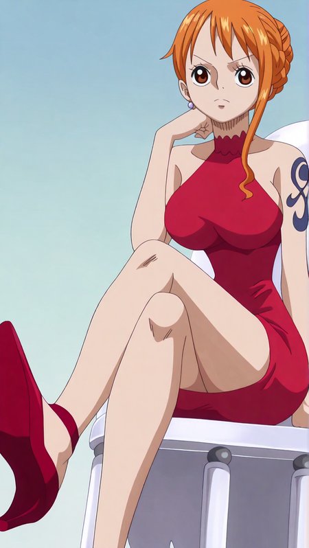 source_anime, masterpiece, best quality, amazing quality, anime screencap, high quality, 8k, absurdres, official style, 1girl, solo, looking at viewer, simple background, <lora:Nami_Post_iL:1>, n4m1 post, brown eyes, orange hair, WCI dress 2, hair up, breasts, dress, halterneck, jewelry, earrings, braid, tattoo, red heels, red footwear, high heels, sitting in chair, legs crossed, serious,