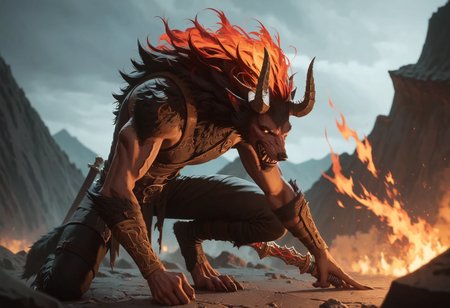 score_9, score_8_up, score_7_up, BREAK, solo, 1boy, (werewolf:1.2), warrior, demon horns, fire veins,  (fire hair:1.3), outdoors, dark fire mountain, volcano, (low light:1.3), night, (darkness:1.3), eye lighting, depth of field,   <lora:add-detail-xl:0.7>  <lora:43stl1ght1ngXLP2:0.3>   <lora:arcene_pony_v1-0:0.4>   <lora:Expressive_H:0.8>  <lora:hand 4:0.85>
