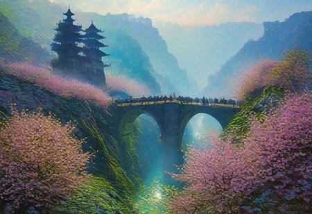 towers ringed in mist, sunrays, mixed media, surrealism, fantasy, great lighting, A surreal landscape highly detailed, extremely high-resolution details, appears trapped in an optical illusion of reflections and refractions, colorful, Spring, cherry blossoms in the wind, spring blooms, (Zhangjiajie mountains:1.2),  (Vienna in contemporary Austria, baroque architecture, European architecture:1.15), (stone arch bridges:1.05), winding rivers extending to the horizon, professional photography, natural lighting, volumetric lighting maximalist. vivid, vibrant colors, intricately detailed, (psychedelic colors, psychedelic colors:1.15), complex, elegant, expansive, fantastical, film photography style, medium grain, cmnt
 (8k uhd:1,4)
 <lora:add-detail-xl:1>
 <lora:Dynamic Poses:1>