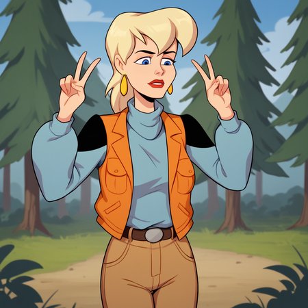 score_9_up, score_8_up, BREAK, MaxMom, 1girl, solo, blonde hair, blue eyes, lipstick, earrings, blue turtleneck sweater, vest, cargo pants, cowboy shot, double v,  <lora:MaxMom_MightyMax_PXL_Leaf1:1>, outdoors, forest,