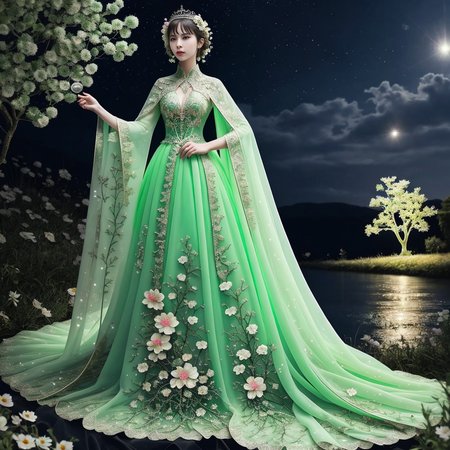 original, (masterpiece), (illustration), (extremely fine and beautiful), (perfect details), (beautiful and clear background:1.25), (depth of field:0.7), (stands aside the river:1.15). (cute:1.3), (detailed beautiful eyes:1.3), (beautiful face:1.3), silver hair, silver ear, (pink hair:0.7), (pink ear:0.7), long hair, (hair blowing with the wind:1.1), (blue eye:1.1), (female internet celebrity:1.2), butterflys flying around, (moon light:0.6), tree, (summer), (night:1.2), (close-up:0.35), (gloves:0.8), solo,full body,hjy, a green dress with a long train and a cape<lora:hjy-10:0.7>