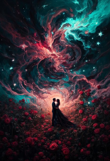 A field full of black roses during a novaburst with the sky lit up in red and teals, Stars and a nebula shining through, silhouette of two lovers embracing in the middle of the nebula, DB4RZ, DB4RZ style painting