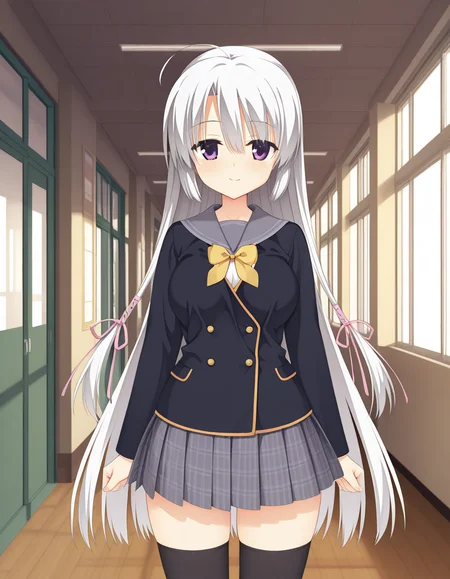 official style,Ayachi Nene,purple eyes,white hair,very long hair,ahoge,school uniform,serafuku,black jacket,plaid skirt,brack thighhighs,hallway,day,front view,straight-on,frontal face,front face,front angle shot,shoot from front,Facing directly forward, looking straight into the camera,
explicit,cell shaded,soft brightness,perfect face,perfect nose, perfect hair, perfect eyes,perfect female body,perfect skin,a face of perfect proportion,perfect lighting,perfect anatomy,perfect proportion,perfect hands,perfect legs,perfect fingers,masterpiece,hair between eyes,
big breasts,
perky breasts,best quality,very aesthetic,absurdres,16k,intricate detail,amazing quality,(bold:3.12),thick outline,black outline,harsh lines,soft lines,deluster,boldline,curvy,smile,slim,(nipples:-1),
looking at viewer,
super fine illustration,detailed linework,vibrant colors,kawaii,flat color,,(hat:-1),
 <lora:ãµããã¦ã£ããç¶¾å°_å¯§ãillustriousSANOBA_WITCHAyachi_Neneillustrious:1:0.8>