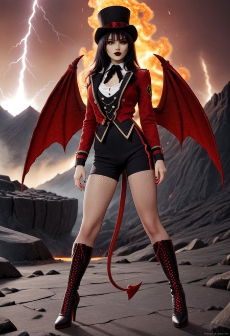 A 35mm photo of a beautiful slim woman, she is a reptilian demon , pale red demon skin with orange belly skin and inner thighs, black demon horns, clawed demonic hands, digitigrade red demon hooves, spade tipped demon tail, standing in a volcano, long straight black hair, large green feline demon eyes, demonic wings, lit with a sickly green light, red sky, blue lightning, broad sexy hips, slim waist, pert breasts, wearing a fitted red tailcoat and black yoga leggings
ruffled lingerie, lava, fire, volcano, lightning, hud_rngmstr,  black shorts, red long sleeve sequin short jacket, buttons, top hat, black neck ribbon, fishnet pantyhose, high heel boots