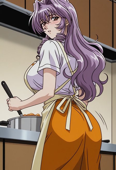 masterpiece, best quality, newest, highres, uncensored, 1girl, yokota mamoru style,1girl, slender face，motion lines,blush
Sasazuka Kyou OVA,gray hair, Ringlet, Wavy hair,Brown eyes,Big Breasts, Slim，
1girl, solo, long hair, nake apron, cooking, from behind, skirt, kitchen, indoors, short sleeves, food, orange skirt