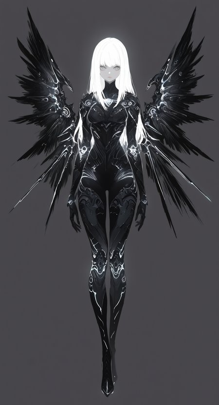 masterpiece, best quality, good quality, very awa, newest, highres, absurdres, 1girl, solo, long hair, looking at viewer, simple background, closed mouth, standing, full body, white hair, wings, grey background, armor, grey eyes, lips, bodysuit, black wings, arms at sides, mechanical wings, limited palette, sketch, glowing, psychedelic, <lora:illustriousXL_stabilizer_v1.23:0.3> <lora:NOOB_vp1_detailer_by_volnovik_v1:0.3> <lora:ponyv6_noobE11_2_adamW-000017:0.3> <lora:114558v4df2fsdf5:0.7> <lora:XXX667:0.5> <lora:mon_monmon2133:0.6>