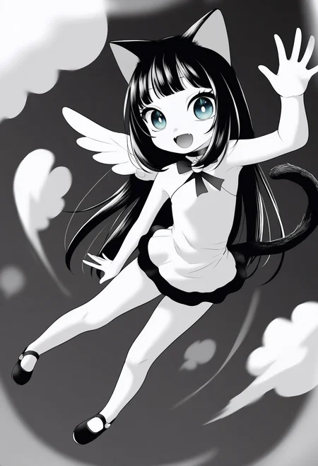 best quality, amazing quality, very aesthetic, absurdres,
greyscale, monochrome,
BREAK
1girl, angel wings, animal ears, blue eyes, cat ears, cat girl, cat tail, dress, long hair,
looking at viewer, magical girl, solo, tail, waving, wings, yume kawaii, yume ne,   <lora:PokemonAdventuresNoobLocon_byKonan:1>