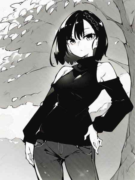 score_9, score_8_up, score_7_up,  
1girl, monochrome, kokonoe chika, black hair, medium hair, braid, 

standing, hand on hip, expressionless, closed mouth, looking at viewer, black sweater, turtleneck, long sleeves, bare shoulders, jeans, outdoors, park, solo,