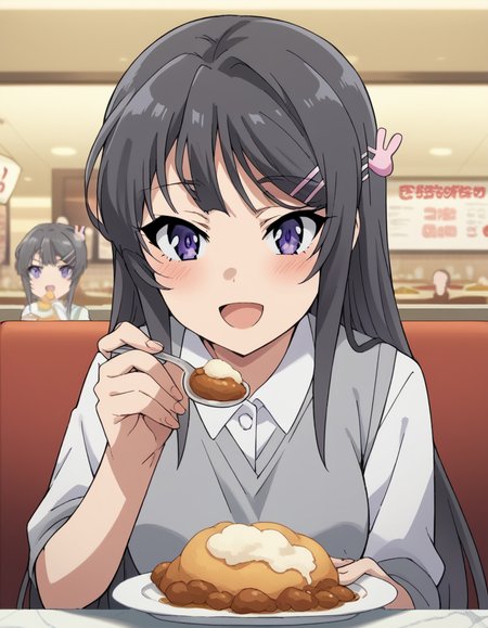 score_9, score_8_up, score_7_up, source_anime, maisakurajima, <lora:mai-sakurajima-s1-ponyxl-lora-nochekaiser:1> mai sakurajima, long hair, bangs, black hair, hair ornament, purple eyes, hairclip, rabbit hair ornament, medium breasts,, <lora:incoming-spoon-ponyxl-lora-nochekaiser:1> incoming food, spoon, holding, holding spoon, food, looking at viewer, open mouth, blush, smile, restaurant, plate, hand up,, ,