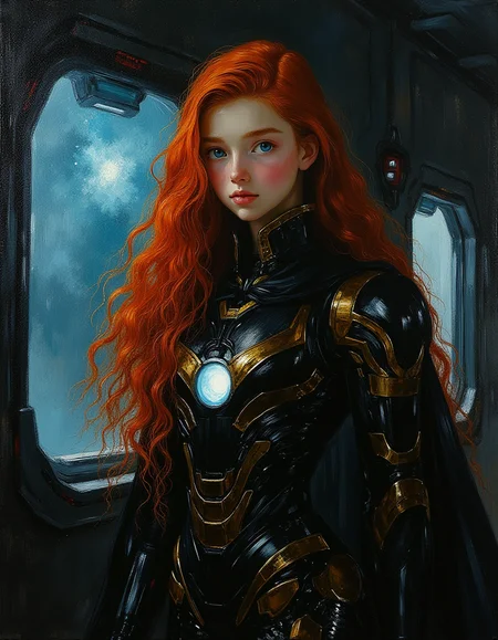 masterpiece, high quality, Oil Painting, teen girl wearing an ornate black and gold Ironman suite by Albert Lynch, Abbott Handerson Thayer, highly detail, best quality, innocent, white skin, pale skin, glowing blue eyes, long flowing red hair, standing in a dark space ship with a window looking out at a nebula, stepping out of the darkness, ultra detailed, romantic, focus on the girl, shadow and light, Masterpiece, intricate lines, intriguing atmosphere, sharp magnificent details, delicate features, elaborate details, (2/3 rule composition:0.5), ultra detailed, romantic, Rembrandt lighting, brush strokes,  ultra detailed, romantic, Rembrandt lighting, brush stroke, lovely, del1cate_balance style, in the style of Rembrandt. novuschroma, vantablack <lora:style_of_Rembrandt_FLUX_135:.8> <lora:- Flux1 - vanta_black_V2.0:.4> <lora:Delicate_Balance:.3> <lora:neeeg_f1:-1> <lora:113_novuschromaFLX_1:.2>