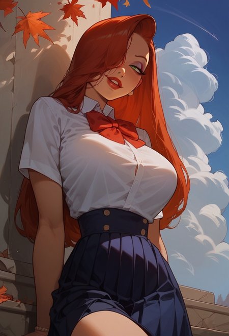 score_9, score_8_up, score_8. score_9, score_8_up, score_7_up, score_6_up, masterpiece, 4k, high quality, (best quality:1.1), ExpressiveH, close up, dutch angle
1girl, solo, jessica rabbit, red hair, hair over right eye, green eyes, large breasts, school uniform, shirt, skirt, standing, smiling, looking at viewer, mischievous smile
BREAK
school, outdoors, blue sky, white clouds, autumn leaves