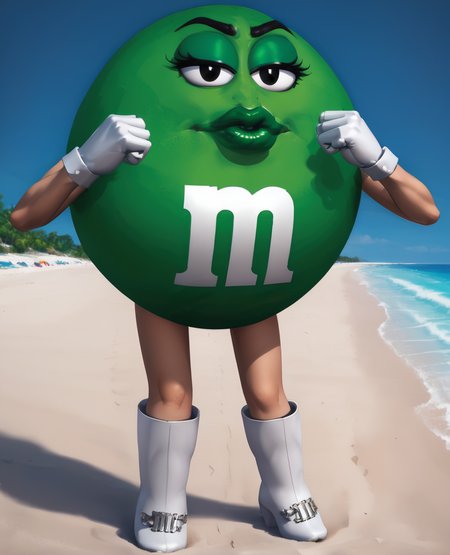 msgreen,white gloves,black eyes, clenched hands,
standing,boots, green eyeshadow, lips, 
beach resort,morning,
<lora:MsGreen:1>,