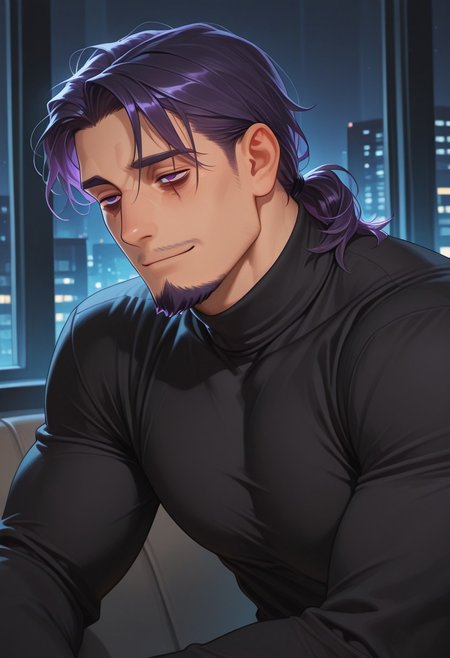 1boy, mbti_intp, mature man, purple eyes, droopy eyes, eye bags, tied hair, goatee, soft lighting, sensual gaze, leaning slightly, hint of a smile, elegant black turtleneck, subtle muscle definition, sophisticated urban background, nighttime
