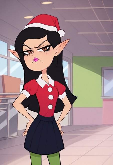 score_8_up, score_7_up, 1girl, solo, cute, upper body, standing, hand on hip, cute squint, frown, half-closed eyes, mouth closed, grumpy, looking at viewer, Brittney_W, Chinese-American girl, light skin, waist-length, black hair, brown eyes, pink lipstick, black mascara, christmas elf outfit, red hat, fake elf ears, short skirt, green leggings, working in mall, crowded mall, christmas season,