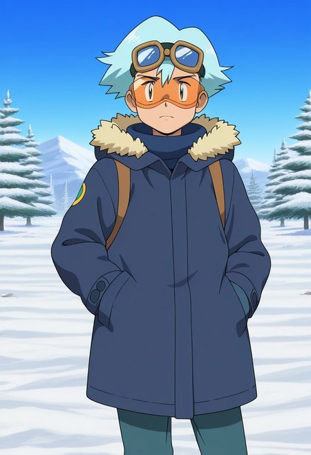 pokemon \(classic anime\), anime screencap, 
best quality, masterpiece, amazing quality, very aesthetic, absurdres, 
1boy, solo, light blue hair, coat, goggles, looking at viewer, outdoors, snow