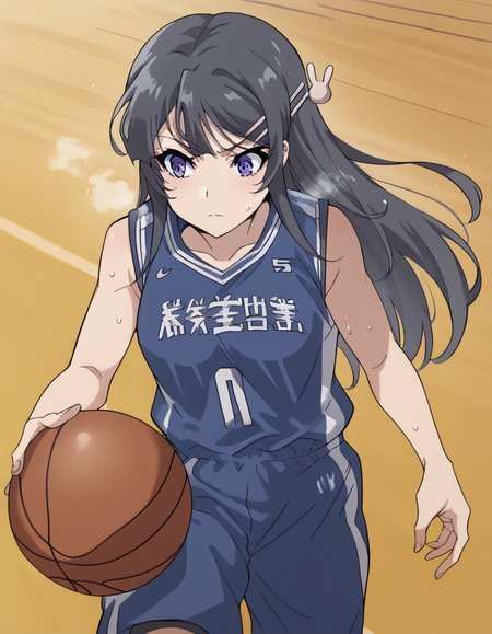 score_9, score_8_up, score_7_up, source_anime, maisakurajima, <lora:mai-sakurajima-s1-ponyxl-lora-nochekaiser:1> mai sakurajima, long hair, bangs, black hair, hair ornament, purple eyes, hairclip, rabbit hair ornament, medium breasts,, <lora:basketball-dribbling-ponyxl-lora-nochekaiser:1> basketball dribbling, dribbling (basketball), basketball, basketball (object), basketball court, playing sports, ball, sweat, steam, running,, <lora:basketball-uniform-ponyxl-lora-nochekaiser:1> basketball uniform, basketball jersery, sportswear, jersey, shorts, sleeveless,, cowboy shot,