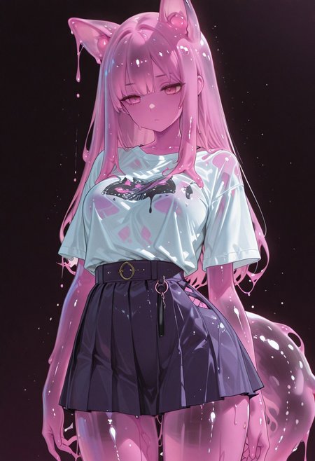 masterpiece, best quality, very aesthetic, absurdres, (anime coloring:1.2), virant color, bright, 
1girl, (slime girl:1.1), animal ears, tail, purple body, pink hairtips, long hair, pink eyes, (curvy:0.7), dripping, translucent, slime core, dark, moody, wet shirt, see-through, skirt, casual oufit, standing, fully body, legs, illustration, simple background, translucent face,
high detail,