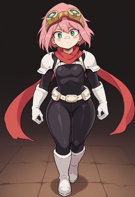 score_9, score_8_up, score_7_up, score_6_up, source_anime, ultra quality, anime screencap, closer view, (/my hero academia style), 1girl, pink hair, very short hair, green eyes, white plaster on nose, red hood on head, goggle, red long scarf, black latex suit, fullbody suit, armor white gloves, armor knee-high white boots, armor white belt, white shoulder pads, wide hips, small breasts, standing