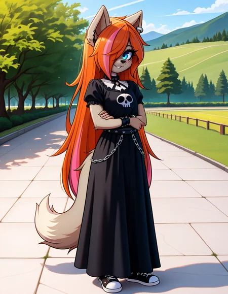 masterpiece, best quality, very aesthetic, absurdres,
outdoors,
full body, standing, posing, 
goth fashion, 
seductive smile, parted lips, long eyelashes,
<lora:Kayla_Kitsune_v01_NAIXL:1>
K4yl4_K1tsun3,1girl,solo,furry,furry female,very long hair,multicolored hair,orange hair,pink hair,streaked hair,hair over one eye,wolf ears,earrings,blue eyes,freckles,snout,animal nose,body fur,two-tone fur,wolf tail