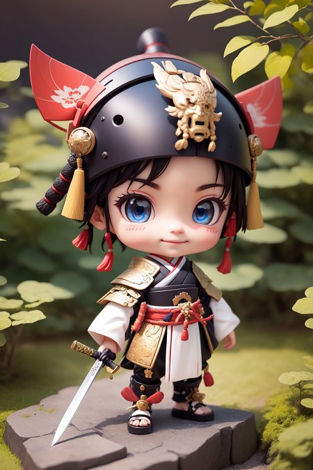 (masterpiece),(best quality),(ultra-detailed), (full body:1.2), 1boy,chibi, smile,(beautiful detailed face), (beautiful detailed eyes), (Simple and clean style_1.5), samurai,  dark red armor,  sword,  samurai helm,  tengu mask,  Japanese garden, japanese armor,  
 <lora:blindbox_V1Mix:1> ,
