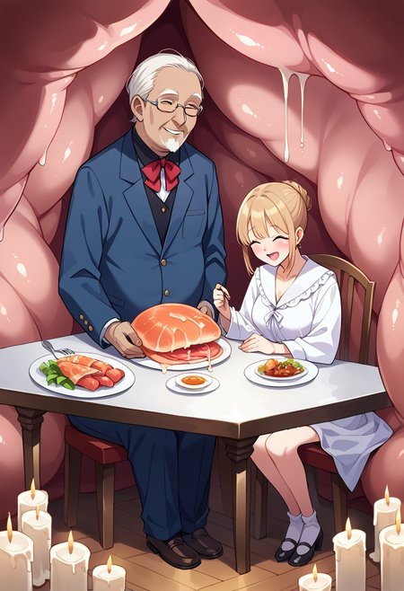 score_9, score_8_up, score_7_up,
source_anime,
BREAK 
1male,1female,(old man,old woman),old couple,
dining table,sitting,dinner,candle,
(vore),
full body