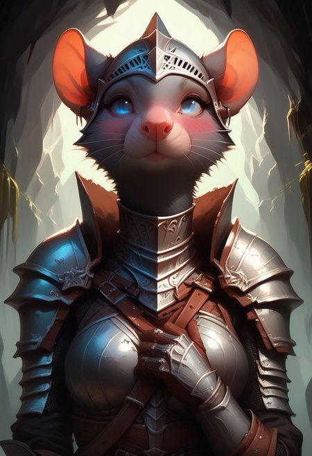 score_9, score_8_up, score_7_up, score_6_up, 1 anthro skaven girl, sexy face, wearing knight female armor, wearing helmet, sword in hand, cute face, blue eyes, hazel red eyes, shy, nose blush, medium boobs, chest up, grey fur, bald, fullbody, smirking, (dark green glowing cave background), front view, full body view