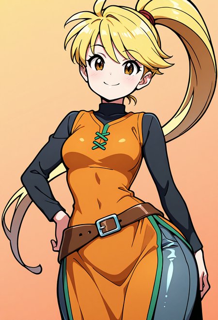 masterpiece, best quality, solo, curvy, beautiful eyes, narrow waist, wide hips, 1girl, solo, smile, looking at viewer, dynamic angle, foreshortening, close up,    zzYellow, brown eyes, blonde hair, long hair, ponytail, bangs,  orange tunic, brown belt, pants,  , <lora:YellowPokemon_NAI:1.0>, cowboy shot, hand on hip, smug, smile, looking at viewer, shiny skin,