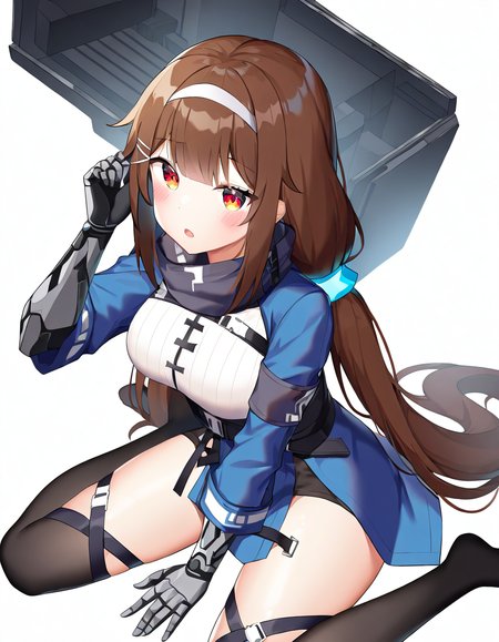 1girl,solo,white background,simple background,cowboy shot,sitting,wariza,looking up,open mouth,blush,js9,mechanical arms,looking at viewer,<lora:js9-000014:1>,, masterpiece, best quality, very aesthetic, absurdres,newest, incredibly absurdres,