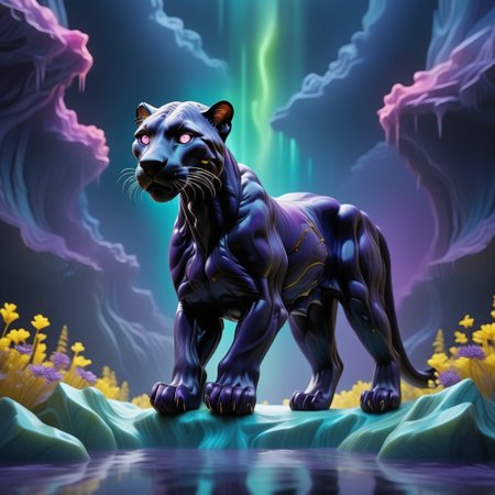 A panther rushing through a forest of celestial flowers and plants, Wafting Nebula, vibrant neon colors and lights, blacklight style, photo, details, cinematic framing, novel composition, shimmering accents, clean lines, symmetry, 3D depth effect, liquid marble, ((the panther has fur painted like the night sky with purple and blue accents. The panther has golden eyes and glowing gold claws)), ((luminescent and colorful lights upon the water surface)), ((aurora borealis in the sky with radiant colors))