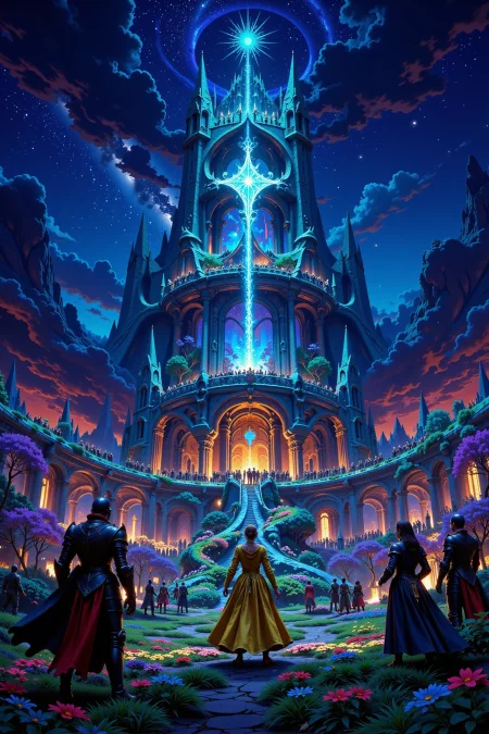 A fantastic kingdom of knights and princesses beautiful  landscape, bright luminous night, woman, very intricate, very detailed, sharp, bright, colorful, <lora:Hand v2:0.5> <lora:Anti-Blur:1><lora:Insane Detail Slider:0.25>  <lora:flux.1_lora_flyway_Epic-detail_v2:0.3> <lora:fluxenhancer:0.25>  <lora:ROWER:0.6>