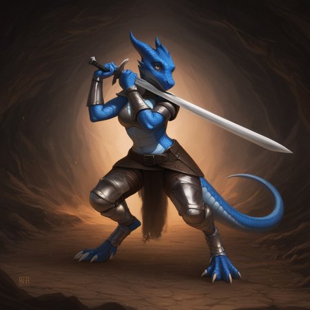 Realistic, 1girl, solo, full body, profile, in a cave, blue Kobold, furry dragon, tail, short stature, short, medium breasts, scales, scaly skin, knight armor,  road sword, leather utility belt, bracelets, anklets, cute face, pale blue skin, fighting stance, worried look on face