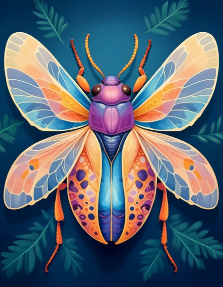 novuschroma style overhead view of a symmetrical insect with wings <lora:106_novuschroma_1:1>