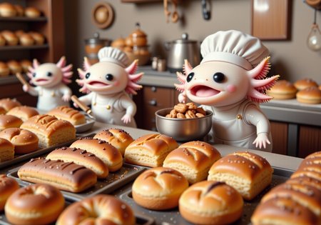 top down tilt shift image of tiny cute anthropomorphized axolotls with pink frilly gills and round black eyes,  axolotl baker, in a gluten-free bakery, preparing gluten-free treats, wearing a clean apron, display of healthy baked goods<lora:Axomodel_Flux_V2.safetensors:1.0:1.0> <lora:isometric.safetensors:1:1>