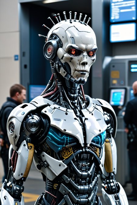 RAW photo of a <lora:madpunk:0.8> madpunk <lora:just_another_Cyborg_LoRa_SDXL:0.8> c1bo cyborg (Holding a prop confidently) at a High-tech security checkpoint with body scans, super detail, ultra-realism, <lora:xl_more_art-full_v1:0.3>, <lora:PE_NeonUV Style:0.7> PENeonUV  ,  <lora:Faceless_Cyborgs:0.7> noface, cyborg <lora:quality1:1> <lora:sdxl_cyberpunk:0.7> cyberpunk style, cyberpunk