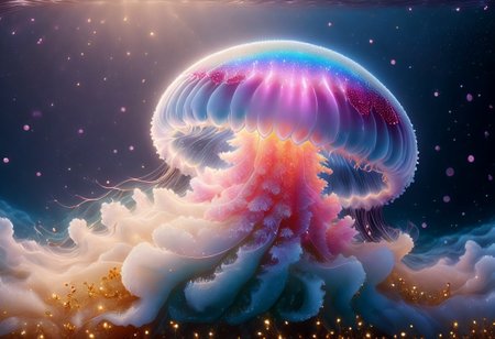 a  beautiful face jellyfish  dances in the middle of the surface of the pearl sea, the sky is dark but the sea shines brightly and illuminates the dancing jellyfish(everything,sparkles, shines, shines, shines, shines)
 8k, vivid, ultra detalis, colorfull lighting, surreal photography, portrait, Redwall, fantasy art, very detailed, high resolution, highly detailed painting, cinematic lightning,,smile,funny,happy
 clean image, high resolution, clear image, high quality image, pure colors, decorative details, fairy tales, no two pictures are the same,cute,tinsel,glitter,shine,soft,cuddly,fantasy,cutie,adorable,snuggly,