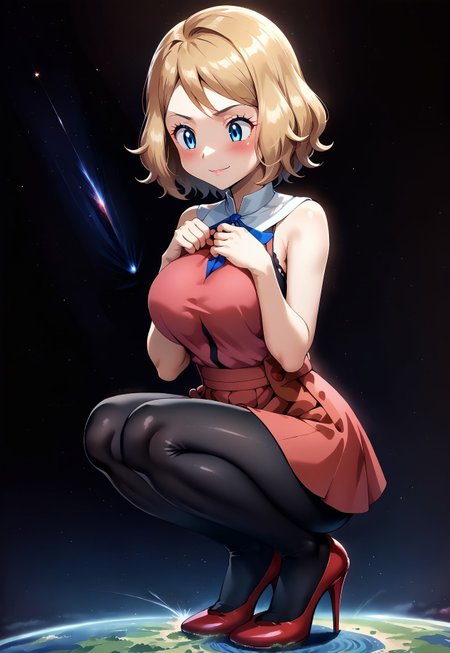 safe_pos, score_9, score_8_up, source_anime, BREAK 1girl, masterpiece, best quality, 1girl, bbserena, solo, short hair, eyelashes, blue eyes, full black legging, full black tights, pink designer high heels, big breasts, squeezing her breasts, squatting in space, holding the earth in the hand, giantess full body shots, giantess, giant, goddess, size difference, slight smile, blushing, growing bigger, long skinny legs, Galaxy, perfect arms, perfect hands, perfect face, perfect legs, perfect thighs, perfect feet, perfect eyes, solo, super giantess