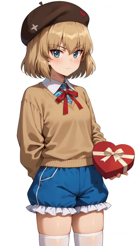 score_7, score_7_up, score_9, score_ 9_up, looking at viewer, 
,<lora:Katyusha (girls und panzer) :0.8>, 1girl, katyusha (girls und panzer), blue eyes, blonde hair, white thighhighs, hat, white background, blue shorts, holding gift, simple background, braid, arms behind back, closed mouth, collared shirt, looking at viewer, short hair, blush, standing, beret, frills, brown headwear, neck ribbon, frilled shorts, sweater, long sleeves, casual, argyle clothes, plaid shirt, holding behind back, :t, valentine