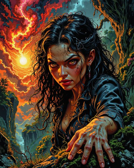 sp00k1h0rr0r, stylized by Valentine Hugo and Winsor McCay, a fierce-looking woman with long, curly hair and piercing sapphire eyes gazes at the camera, her face contorted in terror. The background is a lush Mossy rock formation, with swirling patterns of red, orange, and yellow dominating the scene. The air is thick with fear and excitement as she contemplates the mysteries that lie beyond our own world. shallow depth of field, Visual novel, most flawless in the world, soft shadows, low contrast, and clean, sharp focus<lora:Horror\Spooky_Horror.safetensors:0.9:0.9> <lora:Merge\best_of_flux_v30_rank64_bf16-step01750.safetensors:0.6:0.6>